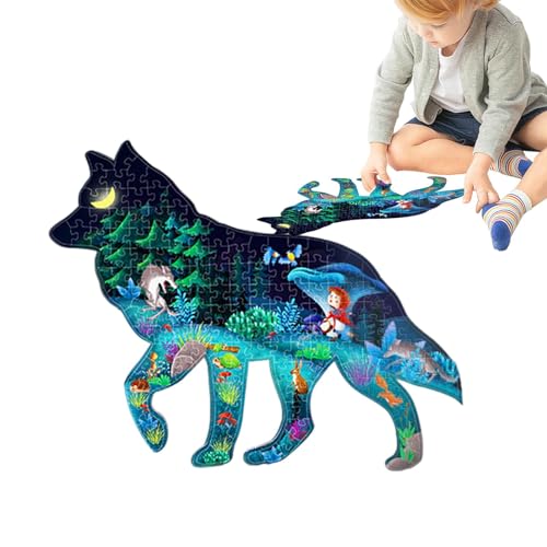 tongfeng Leuchtendes Puzzle für Kinder,Leuchtendes Puzzle im Dunkeln | Leuchtendes Wolf-Puzzle-Set | Lernpuzzle „Kleines Mädchen und der Wolf“, 156 Teile, großes Puzzle für Kinder im Alter von 3–8 von tongfeng