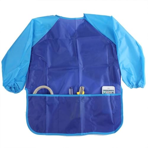 tooloflife Kinder-Malschürze mit langen Ärmeln und 3 Taschen, wasserdichter Kinder-Kunstkittel, Kleinkinder-Kleid zum Malen, Kochen, Basteln und Essen (M, Blau) von tooloflife