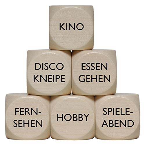 „was Machen wir?“ Entscheidungswürfel Hobby Freizeit Kino Fernsehen Essen gehen Disco Kneipe Spieleabend Holzwürfel 30 mm - 1 Stück von toys-for-all