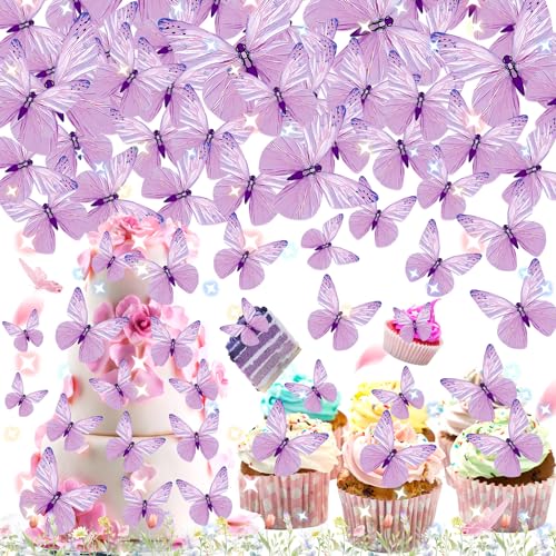 truee 72 Stück Tortendeko Schmetterlinge, Esspapier Tortendeko, Schmetterlinge Deko Kuchen Geburtstag, Essbar Schmetterling Kuchen Dekorationen, Schmetterlinge Cupcake Topper Für Geburtstag(Lila) von truee