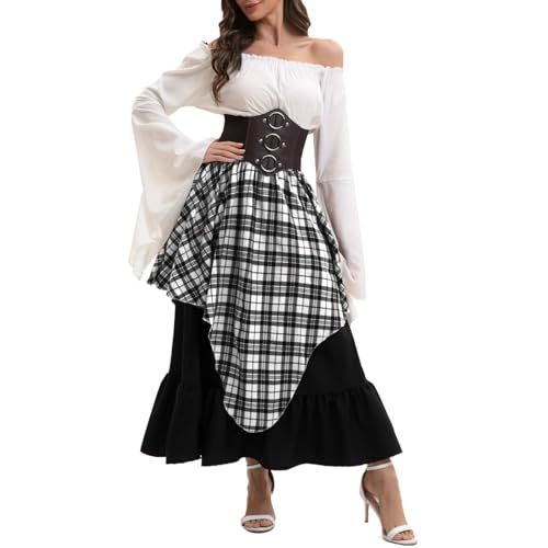 tsaChick Mittelalter Kleidung Damen Set, Schulterfreies Mittelalter Bluse Renaissance Viktorianisches Maxirock Kleid Retro Gothic Korsett, Karneval Halloween Party Faschingskostüm von tsaChick