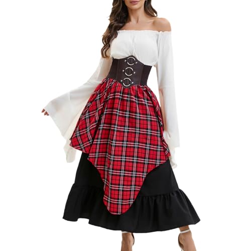 tsaChick Mittelalter Kleidung Damen Set, Schulterfreies Mittelalter Bluse Renaissance Viktorianisches Maxirock Kleid Retro Gothic Korsett, Karneval Halloween Party Faschingskostüm von tsaChick