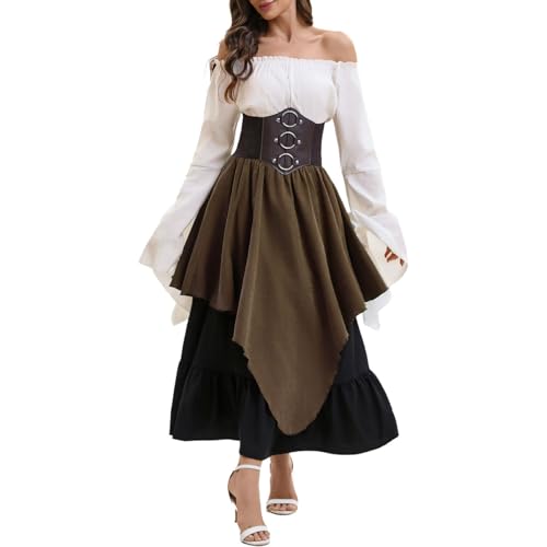 tsaChick Mittelalter Kleidung Damen Set, Schulterfreies Mittelalter Bluse Renaissance Viktorianisches Maxirock Kleid Retro Gothic Korsett, Karneval Halloween Party Faschingskostüm von tsaChick