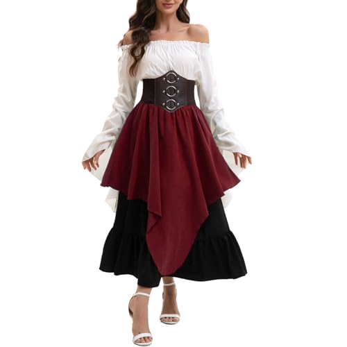 tsaChick Mittelalter Kleidung Damen Set, Schulterfreies Mittelalter Bluse Renaissance Viktorianisches Maxirock Kleid Retro Gothic Korsett, Karneval Halloween Party Faschingskostüm von tsaChick