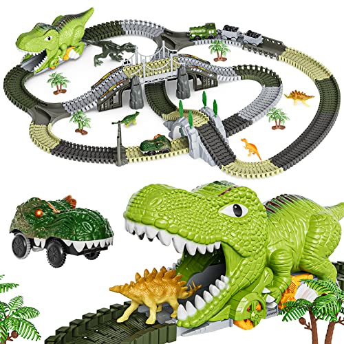 Dinosaurier Spielzeug Rennstrecke,281 Stück Zug für Kinder 3 4 5 6,Flexible Eisenbahnschienen mit 4 Dinosaurier,2 Elektrische Rennwagen mit Lichtern- Kleinkinder Welt von TUMAMA