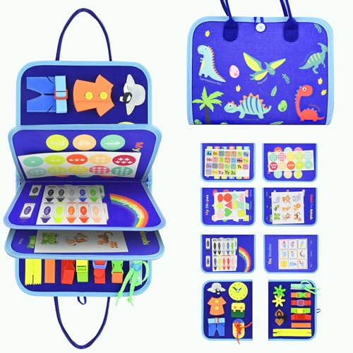 twirush Busy Board, 8 in 1 Activity Board Montessori Spielzeug ab 1 2 3 4 5 Jahre, Baby Learning Count Basis Leben Sensory Board, Motorikbrett für Reise Auto Flugzeug (Dinosaurier-Tiere) von twirush