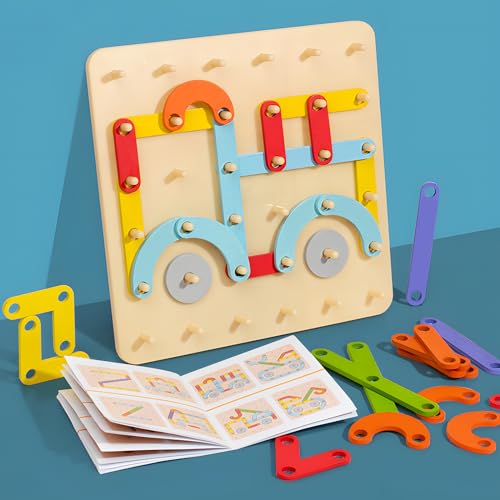 twirush Holzpuzzle Montessori Spielzeug Holz Geoboard Geometriebrett Lernspiele Peg Board Kinder Spielen, Form Puzzle mit Muster Karten, Geschenk für Mädchen Jungen ab 3+ Jahre von twirush