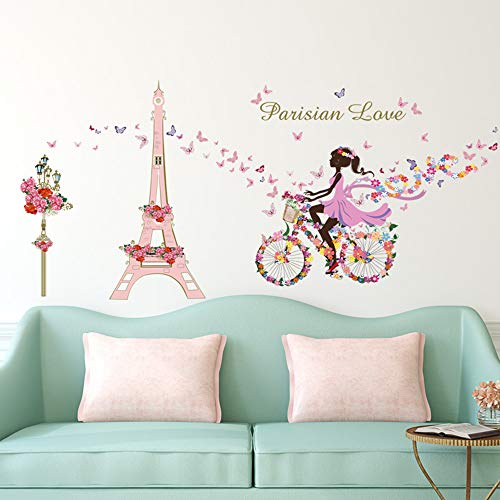 ufengke Wandtattoo Mädchen Fahrrad Wandaufkleber Blumen Eiffelturm für Kinderzimmer Wohnzimmer Wanddekoration von ufengke