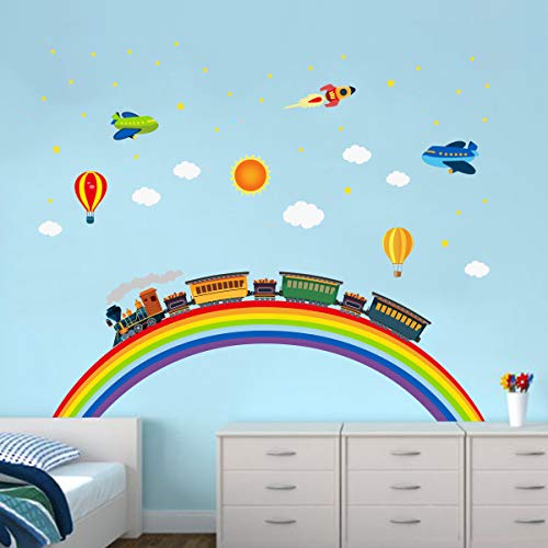 ufengke Wandtattoo Regenbogen Zug Wandaufkleber Wandsticker Rakete Flugzeug für Kinderzimmer Jungen Schlafzimmer Wohnzimmer von ufengke