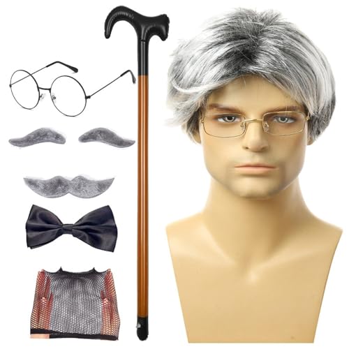 Old Man Cosplay, Opa Kostüm für Männer, Erwachsenengröße, Opa Kostüm-Set 8-teilig/Set | alte Männerperücke, Stockbrille, falsche Augenbrauen, Schnurrbart, Schleife pa von ulapithi