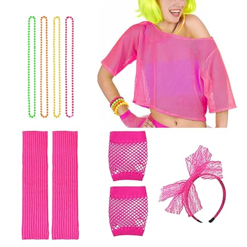 ulapithi 80er-Jahre-Kostüme für Mädchen, 80er-Jahre-Outfit für Mädchen,1980er Jahre Kostüm-Outfit für Damen | Kostümzubehör-Set mit Netzhandschuhen, Beinstulpen, Stirnband und Halskette für Damen und von ulapithi
