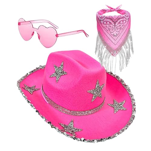 Bling Cowboyhüte für Frauen, glitzernder Cowgirlhut | 3 x Strass Stern Quaste Bandana | Halloween Party Kostüm, Cosplay Zubehör Set für Frauen und von ulapithi