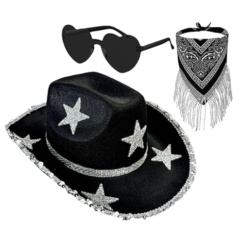 Cowboyhut Disco Hut Bling Cowboyhut für Damen | 3 x Bandana mit Bommel Stern aus Strass, Kostüm, Halloween-Party-Kostüm, Cosplay-Zubehör für Damen und Herren Cowboyhut Disco Hut Bling Cowboyhut für Damen | 3 x Bandana mit Bommel Stern aus Strass, Kostüm, Halloween-Party-Kostüm, Cosplay-Zubehör für Damen und Herren von ulapithi