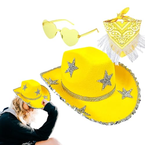Cowboyhut aus Strass, Cowboyhut, Disco, 3 x Bandana mit Quaste, Stern, Strass, Kostüm, Halloween-Party-Kostüm, Cosplay-Zubehör für Damen und Herren Cowboyhut aus Strass, Cowboyhut, Disco, 3 x Bandana mit Quaste, Stern, Strass, Kostüm, Halloween-Party-Kostüm, Cosplay-Zubehör für Damen und Herren von ulapithi