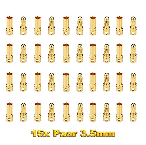 ulex 15 Paar 30 Stück 3,5mm 3,5 mm 3.5mm 3,5mm Premium Original Hochstrom Goldkontaktstecker Goldstecker Rundstecker Stecker Buchse Male Female für Lipo Akku RC Modellbau von ulex