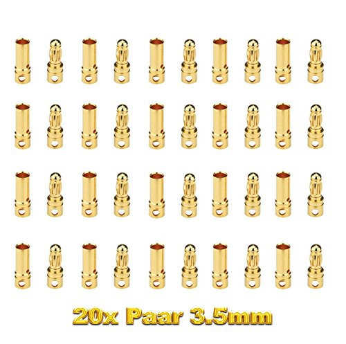 ulex 20x Paar (40 Stück) 3.5mm 3,5mm Premium Original Hochstrom Goldkontaktstecker Goldstecker Rundstecker Stecker Buchse Male Female für Lipo Akku Motor ESC RC Modellbau von ulex