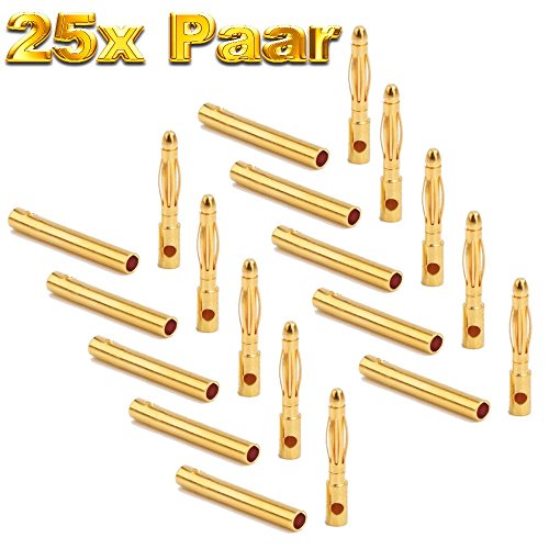 ulex 25 Paar 2mm 2 mm 2.0mm 2,0mm Goldkontaktstecker Bananen Goldstecker Stecker Buchse Male Female Männlich Weiblich für Lipo Akku ESC von Mr.Stecker Modellbau® von ulex