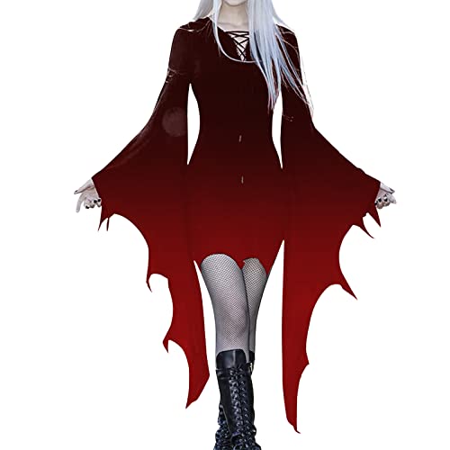 umifyxioy Halloween Kostüm Damen, Gothic Kleid Damen Fledermausärmel Kleider Retro Festlich Schnürung Kleid Halloween Kostüm Schwarz Steampunk Minikleid Vampir Cosplay Hexenkostüm Große Größen von umifyxioy