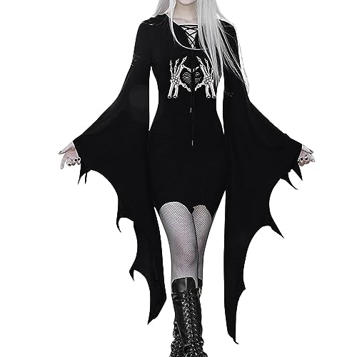 umifyxioy Halloween Kostüm Damen, Gothic Kleid Damen Fledermausärmel Kleider Retro Festlich Schnürung Kleid Halloween Kostüm Steampunk Minikleid Schwarz Vampir Cosplay Hexenkostüm Große Größen von umifyxioy