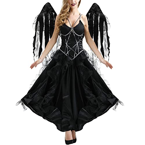 umifyxioy Halloween Kostüm Damen, Halloween Kostüm Damen Dunkler Engel Kostüm Gothic Kleid mit Engel Flügel Damen Festlich Retro Halloween Engel Kostüm Schwarz Maxikleid Cosplay von umifyxioy