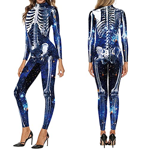 umifyxioy Halloween Kostüm Damen, Skelett Halloween Kostüm Damen Jumpsuit 3D Print Langarm Skinny Cosplay Knochen Overall Fasching Karneval Halloween Skeleton Bodysuit Skelett Anzug Damen von umifyxioy