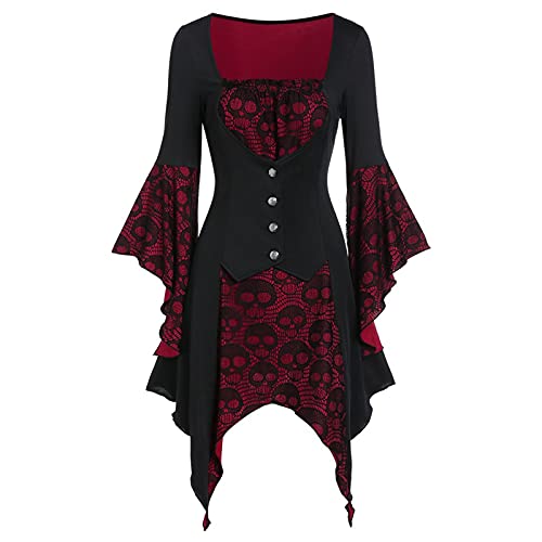 umifyxioy Karneval Kleider Damen, Gothic Kleidung Damen Kariert Trompetenärmel Mittelalter Kostüm Karneval Party Cosplay Steampunk Minikleid Renaiss Historisches Hexenkostüm Tunikakleid Mantel von umifyxioy