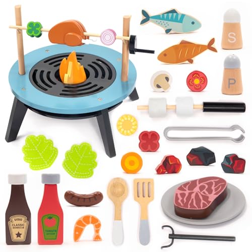 UMU® Grillset aus Holz für Kinder – 45-teiliges BBQ Spielset mit Grill, Fleisch, Gemüse, Fisch, Marshmallow & Zubehör – Rollenspiel Küchenspielzeug ab 3 Jahren von umu