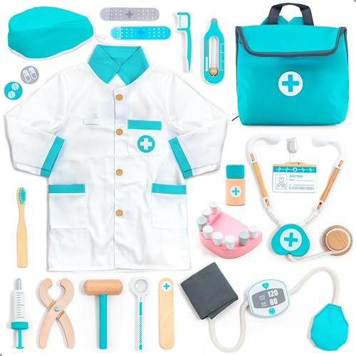 UMU® Arztkoffer Kinder Spielset aus Holz mit Arztkittel, Stethoskop, Zahnarzt Zubehör & mehr, Doktorkoffer Spielzeug für Rollenspiele, 20 TLG. Medizinisches Set für Mädchen & Jungen ab 3, 4, 5 Jahren von umu