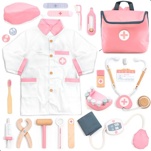 UMU® Arztkoffer Kinder Spielset aus Holz mit Arztkittel, Stethoskop, Zahnarzt Zubehör & mehr, Doktorkoffer Spielzeug für Rollenspiele, 20 TLG. Medizinisches Set für Mädchen ab 3, 4, 5 Jahren von umu