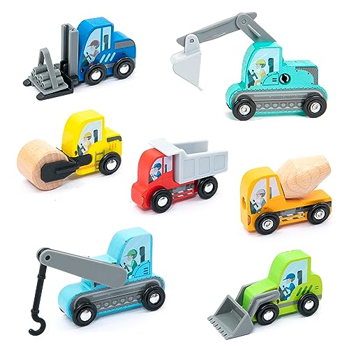 umu® Holz Baufahrzeuge Spielset für Kinder kompatibel mit Brio World Eisenbahn Sets & Anderen Marken, Spielzeug enthält Bagger, Kran, Walze u. v. m, 8 STK Set für Kinder ab 3, 4, 5 Jahre von umu