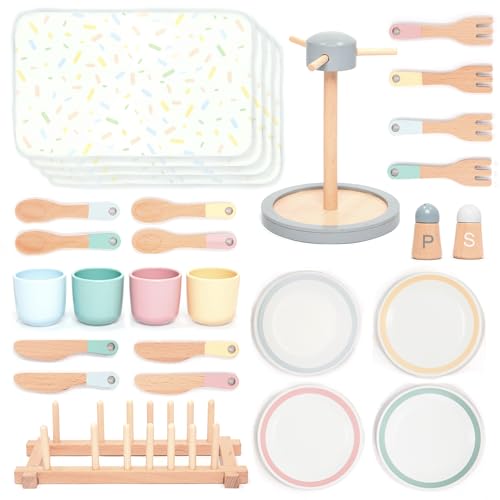 UMU® Großes Geschirrset aus Holz – 28-teiliges Tafelservice für Kinderküche mit Tellern, Tassen, Besteck & Ständer – Küchenzubehör für Spielküche – Rollenspiel-Geschirr ab 3 4 5 6 Jahren von umu