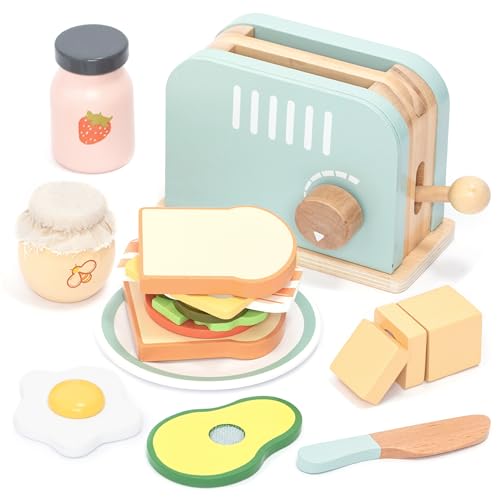UMU® Holz Toaster & Sandwich Küchenspielzeug - inkl. Pop-up Toaster, Butter schneiden, Kinderküche Zubehör u. v. m., Holzspielzeug für Kinder ab 3 4 5 6 Jahren von umu