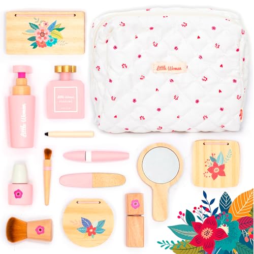 UMU® Kinder Holz Design Schmink-Set mit Kosmetiktasche inkl. Make-up, Spiegel, Parfüm u. v. m., Kosmetikkoffer zum Rollenspiel, 17-TLG. Holzschminke Spielzeug für 3, 4, 5 Jahre alt Mädchen von umu