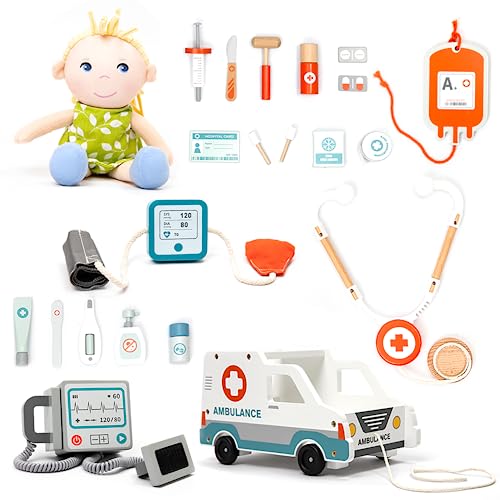 UMU® Kinder Holz Krankenwagen Spielset mit Stethoskop, Blutdruckmessgerät u. v. m., Doktor Spielzeug zum Rollenspiel, 22 STK Set für 3, 4, 5 Jahre alt Mädchen und Jungen von umu