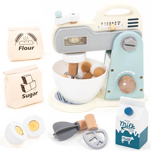 UMU® Mixer Spielset aus Holz – mit Rührschüssel, Schneebesen, Zutaten und mehr, Küchenmixer-Set Spielzeug für Kinder, 10-TLG. Küchenzubehör für kleine Köche ab 3, 4, 5 Jahre von umu