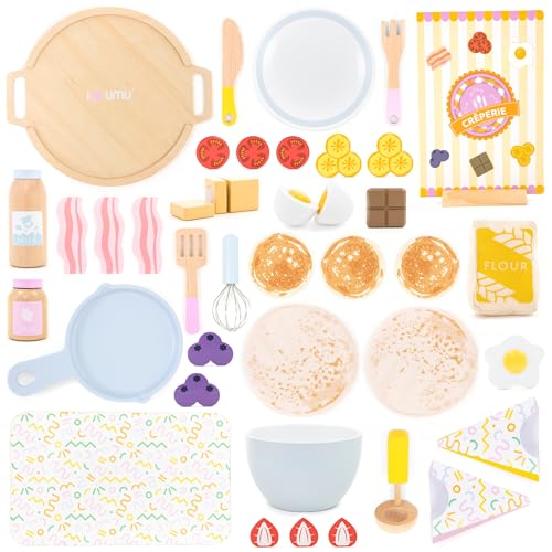 UMU® Pfannkuchen Spielset aus Holz – mit Pfanne, Wender, Sirup und mehr, Pancake-Set Spielzeug für Kinder, 44-TLG. Küchenzubehör für kleine Köche ab 3, 4, 5 Jahre von umu