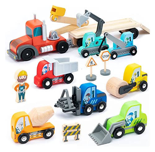 umu® Holz Baufahrzeug Transporter Spielset für Kinder kompatibel mit Brio World Eisenbahn Sets & Anderen Marken, Spielzeug enthält Bagger, Kran, Walze u. v. m, 14 STK Set für Kinder ab 3, 4, 5 Jahre von umu