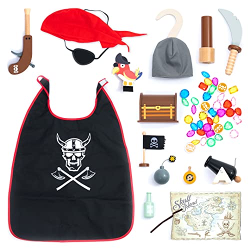 UMU® Kinder Holz Piraten Spielset mit Piratenkostüm inkl. Piratenumhang, Augenklappe, Papagei, Schatztruhe u. v. m., Spielzeug Set zum Rollenspiel, 22 STK Piratenausrüstung, für 3, 4, 5 Jahre alt von umu