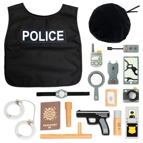 UMU® Kinder Holz Polizei Spielset mit Polizei Kostüm inkl. Polizeimütze, Handschellen, Funkgerät u. v. m., Spielzeug Set zum Rollenspiel, 17 STK der polizeiliche Ausrüstung, für 3, 4, 5 Jahre alt von umu