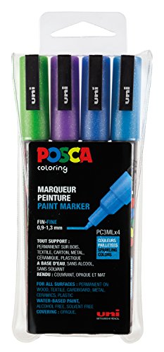 uni-ball 186512 - POSCA Marker mit feiner Rundspitze, 4er Set, Glitter kalte Farben von uni-ball