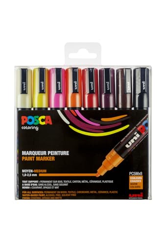 uni-ball POSCA (182517) Marker mit mittelfeiner Rundspitze, 8er Set, warme Farben von uni-ball