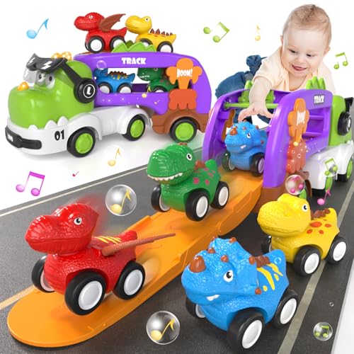 usrela Dinosaurier Transporter LKW Spielzeug Autos für Jungen 2 3 4 5, 5 in 1 Dinosaurie Kleinkinder LKW Spielzeug mit Licht und Musik, Kinderspielzeug Weihnachten Geburtstag für 3 4 5 Jungen von usrela