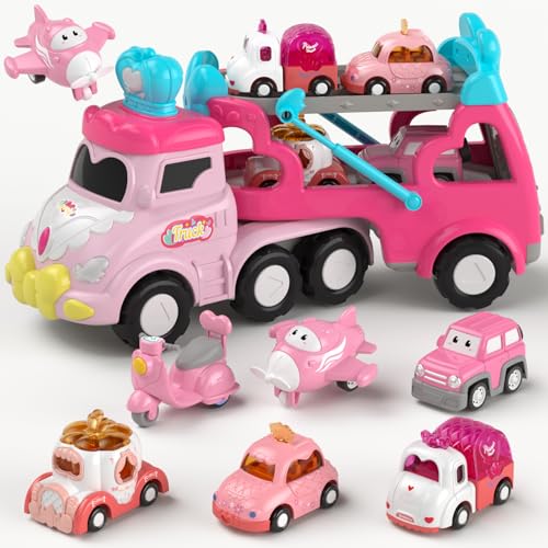 usrela Spielzeug ab 2 3 Jahre Mädchen, 7 in 1 Mädchen Transporter-LKW für Kleinkinder, Spielzeug Autos mit Licht und Musik, 1 2 3 Jahre Mädchen Geburtstag Geschenke von usrela