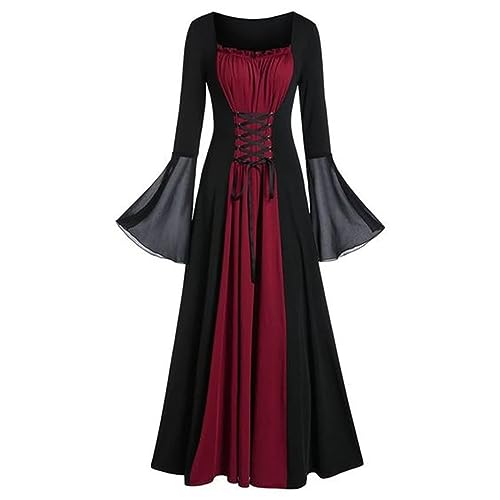 Gothic Kleid Damen Horror Mittelalter Kleidung - Halloween Kostüm Damen Witch Hexe Vampir Kostüm Korsett Renaissance Elegante Elfen Costume Vampirkleider Gothikkleider Viktorianisches Kleid(Wein,M) von uxxnjfg