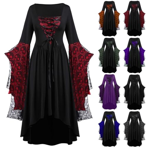 uxxnjfg Gothic Kleid Damen Horror Mittelalter Kleidung - Halloween Kostüm Frauen Elfen Hexe Vampir Kostüm Korsett Steampunk Elegante Witch Costume Vampirkostüm Feenkleid Viktorianisches Kleid(Wein,L) von uxxnjfg