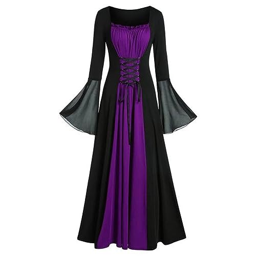 Gothic Kleidung Damen Spitze Gruselig Mittelalter Kleidung - Kostüm Halloween Damen Witch Hexe Vampir Kostüm Korsett Steampunk Elegante Elfen Costume Vampirkleider Feenkleid Kleid(Lila,S) von uxxnjfg