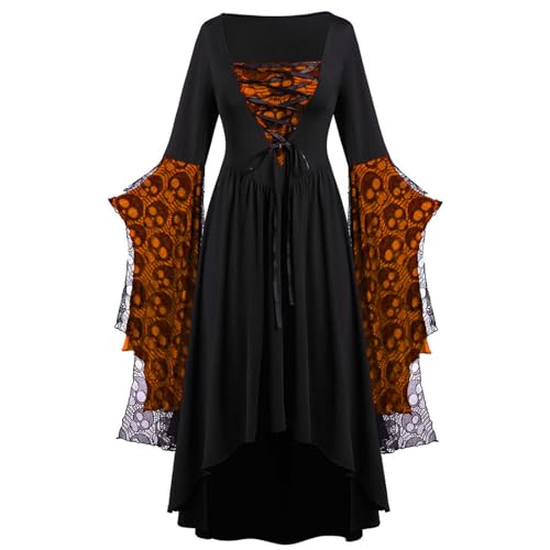 uxxnjfg Gothic Kleidung Damen Spitze Horror Mittelalter Kleidung - Kostüm Halloween Damen Hexe Witch Vampir Kostüm Korsett Renaissance Gruselig Elfen Costume Feenkleid Viktorianisches Kleid(Orange,L) von uxxnjfg