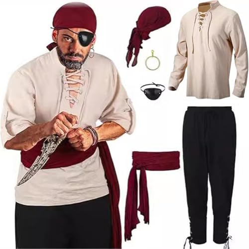 uxxnjfg Mittelalter Hemd Viking Kostüm Anzug Herren Renaissance Viktorian Piraten Schnürhemd Karneval Halloween Kostüm Set Gothic Stehkragen Cosplay Top Hose Männer Steampunk Faschingskostüme von uxxnjfg