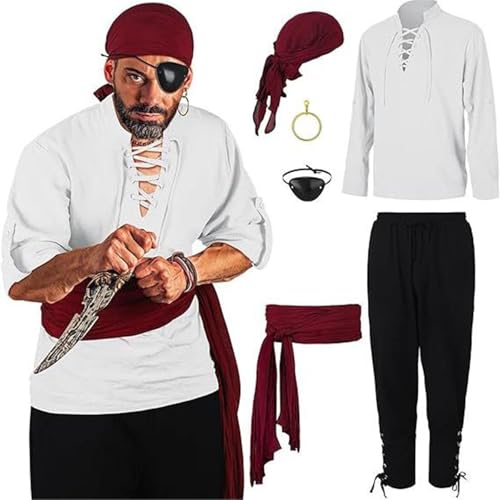 uxxnjfg Mittelalter Hemd Viking Kostüm Anzug Herren Renaissance Viktorian Piraten Schnürhemd Karneval Halloween Kostüm Set Gothic Stehkragen Cosplay Top Hose Männer Steampunk Faschingskostüme von uxxnjfg