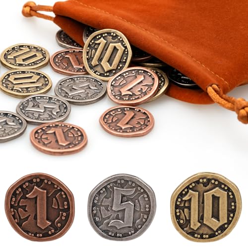 v2croft Metallmünzen für Brettspiele, Gold-Silber-Spielsteine mit Nennwert (1, 5, 10) für Tisch-Rollenspiel, Schatzmünzen für Piratenspiel, Party, Cosplay, 30 Stück von v2croft